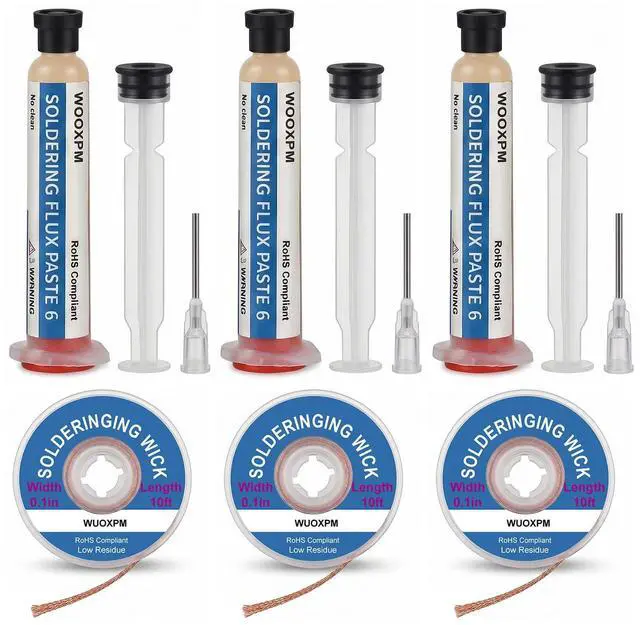 Main image of 3 Pack Soldering Flux Paste and Solder Wick Kit, Lead Free No Clean Flux for Electronic Soldering, Soldering Remover Tool, PCB Maintenance and DIY Electronic Projects