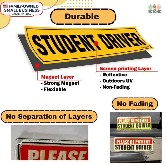 Alt view image 6 of 7 - Student Driver Magnet for Car Sign - Large 12"x3" Magnetic Reflective Vehicle Safety for New Rookie Learner Drivers Removable Bumper Sticker Please Be Patient (2 Pack) Yellow, Black