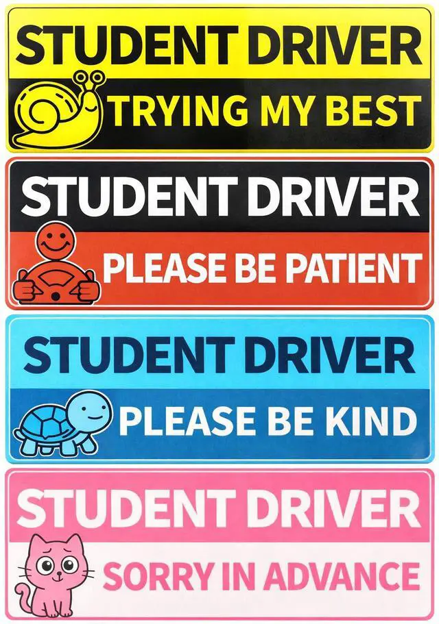 Main image of Student Driver Magnets for Car, 4 Pack Reflective Funny New Driver Signs for Teens & Beginners, Cute Animal Magnetic Car Signs, Reusable Weatherproof, 10 x 3.5 in