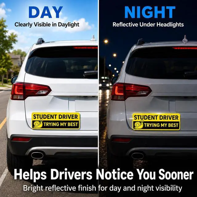 Alt view image 2 of 7 - Student Driver Magnets for Car, 4 Pack Reflective Funny New Driver Signs for Teens & Beginners, Cute Animal Magnetic Car Signs, Reusable Weatherproof, 10 x 3.5 in