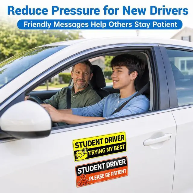Alt view image 4 of 7 - Student Driver Magnets for Car, 4 Pack Reflective Funny New Driver Signs for Teens & Beginners, Cute Animal Magnetic Car Signs, Reusable Weatherproof, 10 x 3.5 in