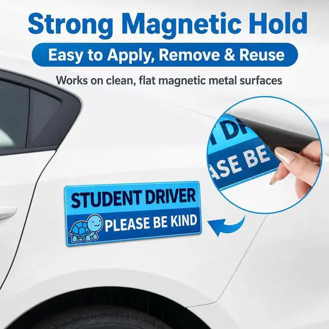 Alt view image 3 of 7 - Student Driver Magnets for Car, 4 Pack Reflective Funny New Driver Signs for Teens & Beginners, Cute Animal Magnetic Car Signs, Reusable Weatherproof, 10 x 3.5 in