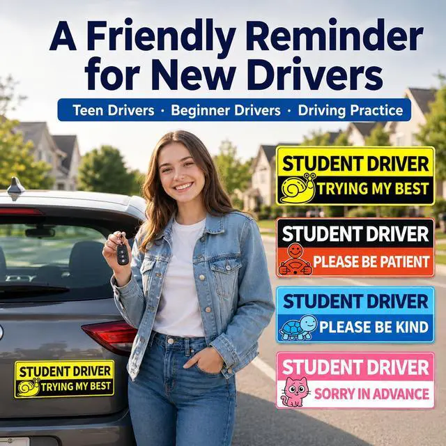 Alt view image 7 of 7 - Student Driver Magnets for Car, 4 Pack Reflective Funny New Driver Signs for Teens & Beginners, Cute Animal Magnetic Car Signs, Reusable Weatherproof, 10 x 3.5 in