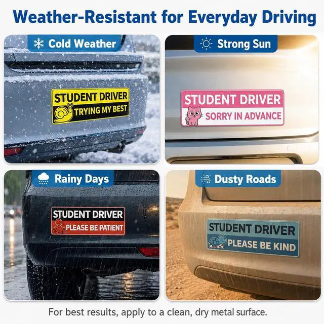 Alt view image 6 of 7 - Student Driver Magnets for Car, 4 Pack Reflective Funny New Driver Signs for Teens & Beginners, Cute Animal Magnetic Car Signs, Reusable Weatherproof, 10 x 3.5 in