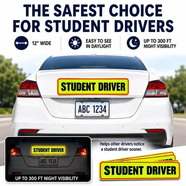 Alt view image 2 of 5 - 3pcs Student Driver Magnet XL Reflective Safety Sign, Reusable Car Warning for New Drivers, HD Weatherproof & Removable with 300ft Night Visibility (3 Pack 12x3)