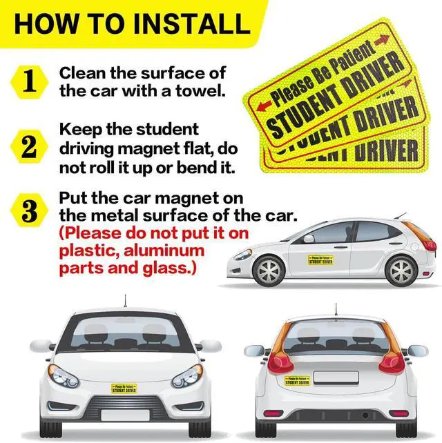 Alt view image 3 of 6 - 3 Pcs Student Driver Magnet For Car,Please Be Patient Student Driver Sticker ,New Student Driver Sticker ,Safety Warning Signs,High Reflective,Reusable Movable,Set of 3. 3.5" x 9"