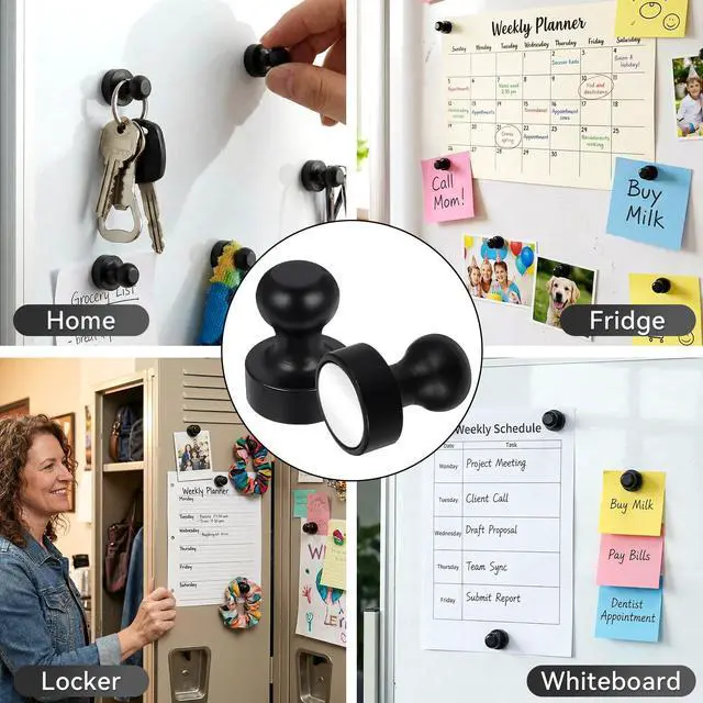 Alt view image 7 of 7 - 25 Pcs Magnetic Push Pins, Black Push Pin Magnet, Small Strong Fridge Magnets, Refrigerator Whiteboard Magnet for School Locker Office Must Have