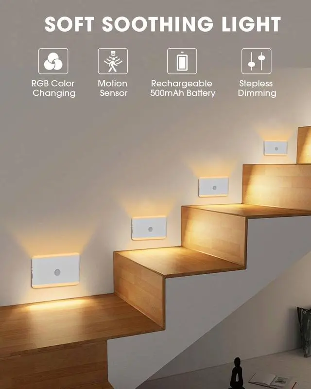 Alt view image 2 of 7 - Motion Sensor Night Light Indoor,RGB Charging Cordless Stair Lights,LED Wireless Step Light 500mAh Rechargeable Battery Operated Stick On Light for Hallway,Kitchen,Closet,Cabinet,Bedroom(2pack)