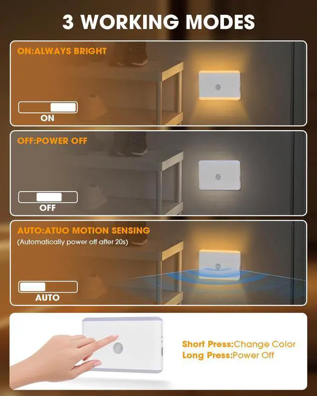 Alt view image 3 of 7 - Motion Sensor Night Light Indoor,RGB Charging Cordless Stair Lights,LED Wireless Step Light 500mAh Rechargeable Battery Operated Stick On Light for Hallway,Kitchen,Closet,Cabinet,Bedroom(2pack)