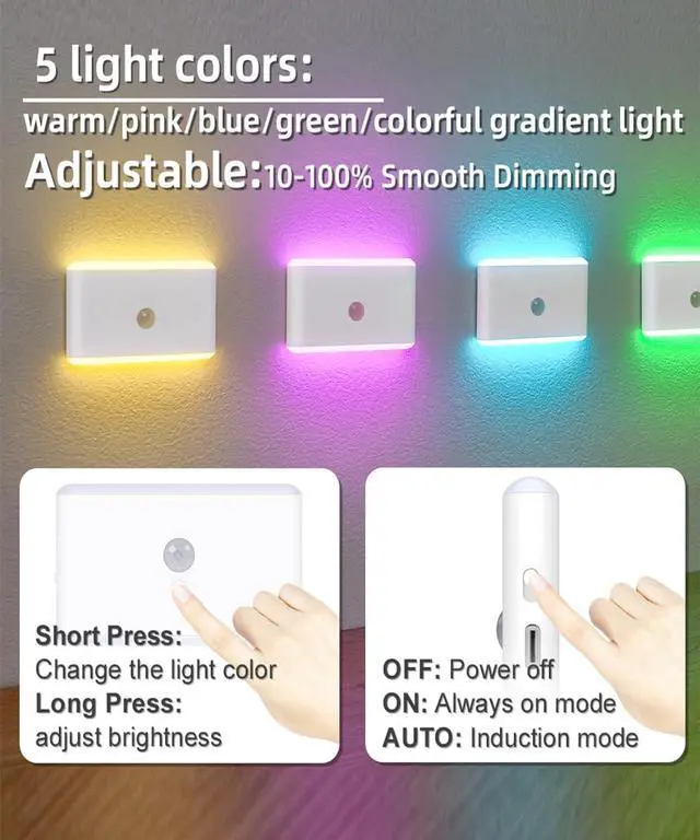 Alt view image 4 of 7 - Motion Sensor Night Light Indoor,RGB Charging Cordless Stair Lights,LED Wireless Step Light 500mAh Rechargeable Battery Operated Stick On Light for Hallway,Kitchen,Closet,Cabinet,Bedroom(2pack)