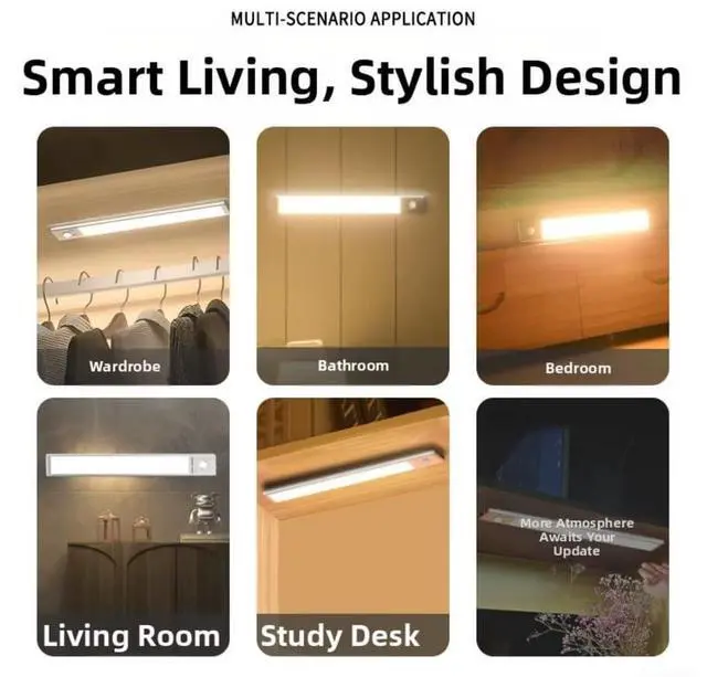 Alt view image 3 of 7 - 2-Pack - Under Cabinet Motion Sensor Light Indoor Lights,76 LED Operated 1500mAh USB Rechargeable Closet Lights, Magnetic Dimmable Closet LightsWireless Under Counter Lights for Kitchen, Stairs