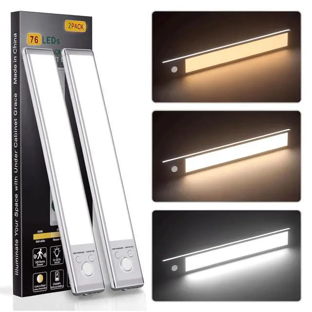 Main image of 2-Pack - Under Cabinet Motion Sensor Light Indoor Lights,76 LED Operated 1500mAh USB Rechargeable Closet Lights, Magnetic Dimmable Closet LightsWireless Under Counter Lights for Kitchen, Stairs
