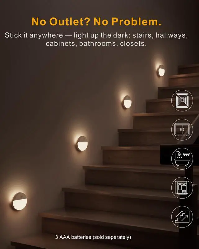 Alt view image 2 of 7 - 2 Pack Motion Sensor Light Indoor, 2.6" Small Stick on Lights for Stairs, Bathroom, Dimmable Battery Night Light, 3 Light Modes, Soft LED Light for Travel, Toliets, Bedroom, Kids, Warm White