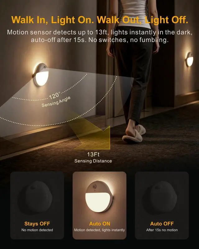 Alt view image 3 of 7 - 2 Pack Motion Sensor Light Indoor, 2.6" Small Stick on Lights for Stairs, Bathroom, Dimmable Battery Night Light, 3 Light Modes, Soft LED Light for Travel, Toliets, Bedroom, Kids, Warm White