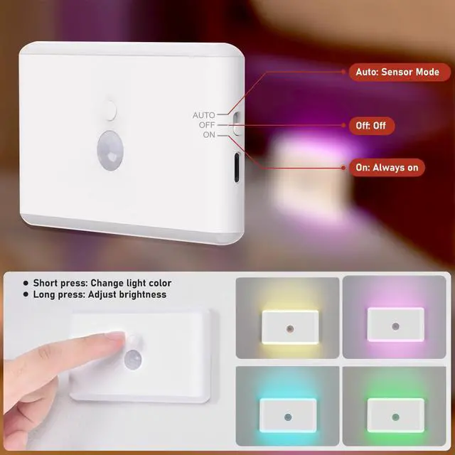 Alt view image 3 of 6 - 2 Pack Motion Sensor Night Light, Rechargeable Stair Lights Indoor RGB Motion Sensor Light for Hallway, Stairway, Bathroom, Bedroom, Kitchen, Wireless Magnetic Attachment