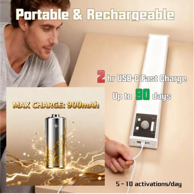 Alt view image 4 of 7 - Magnetic Motion Sensor Under Cabinet Lights 2-Pack,USB-C Rechargeable 90-Day Battery LED Light Bar,Dimmable 120LM 6000K Cool White,Wireless Stick-On Light for Kitchen,Closet,Stairs