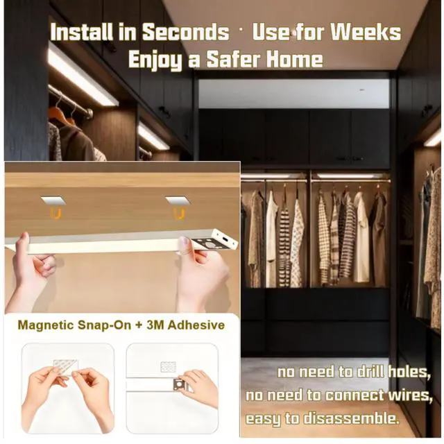 Alt view image 5 of 7 - Magnetic Motion Sensor Under Cabinet Lights 2-Pack,USB-C Rechargeable 90-Day Battery LED Light Bar,Dimmable 120LM 6000K Cool White,Wireless Stick-On Light for Kitchen,Closet,Stairs