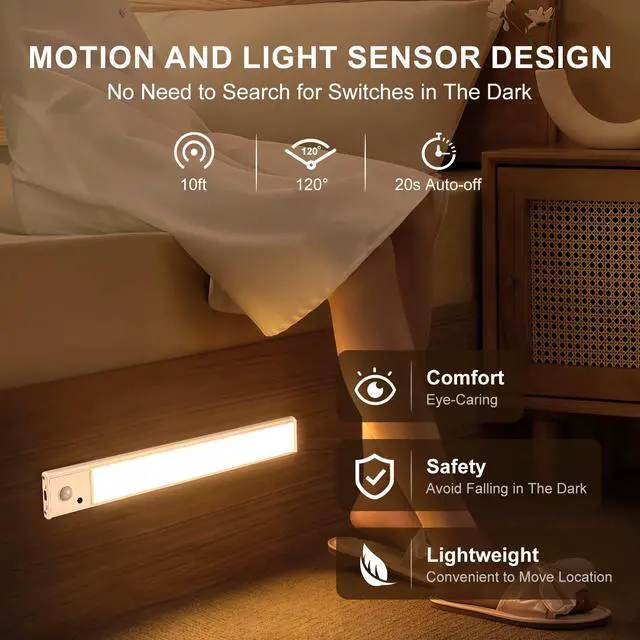 Alt view image 2 of 7 - 12 Inch Under Cabinet Lighting, 2 Pack USB-C Rechargeable Motion Sensor LEDMagnetic Wireless Mount,3 Color Temperature Battery Powered for Kitchen, Wardrobe, Hallway, Stairs