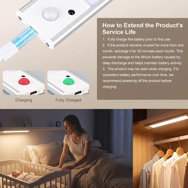 Alt view image 3 of 7 - 12 Inch Under Cabinet Lighting, 2 Pack USB-C Rechargeable Motion Sensor LEDMagnetic Wireless Mount,3 Color Temperature Battery Powered for Kitchen, Wardrobe, Hallway, Stairs