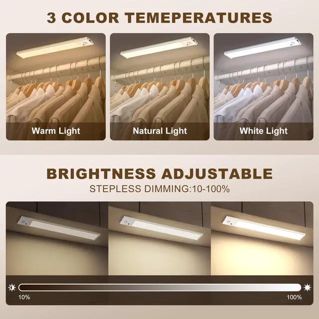 Alt view image 5 of 7 - 12 Inch Under Cabinet Lighting, 2 Pack USB-C Rechargeable Motion Sensor LEDMagnetic Wireless Mount,3 Color Temperature Battery Powered for Kitchen, Wardrobe, Hallway, Stairs