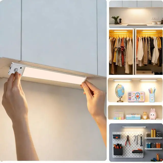 Alt view image 4 of 7 - 12 Inch Under Cabinet Lighting, 2 Pack USB-C Rechargeable Motion Sensor LEDMagnetic Wireless Mount,3 Color Temperature Battery Powered for Kitchen, Wardrobe, Hallway, Stairs