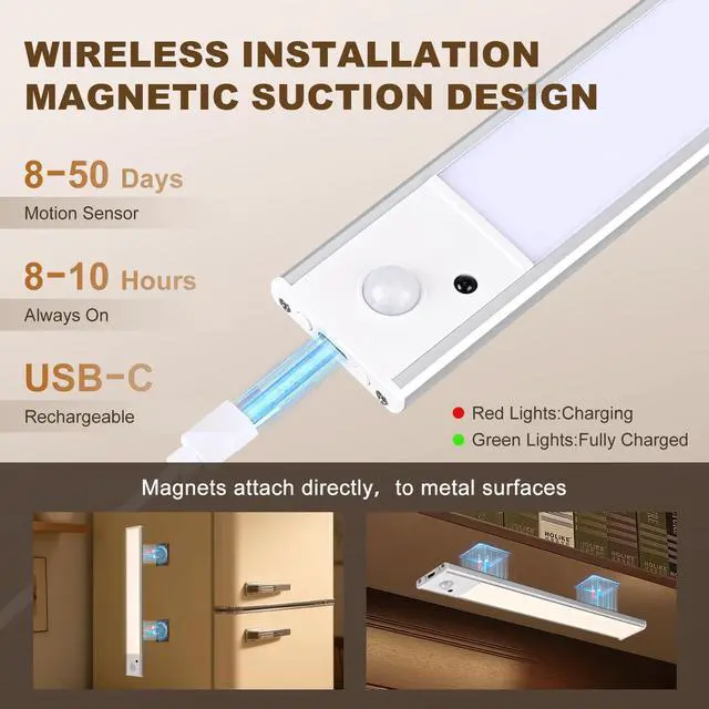 Alt view image 6 of 7 - 12 Inch Under Cabinet Lighting, 2 Pack USB-C Rechargeable Motion Sensor LEDMagnetic Wireless Mount,3 Color Temperature Battery Powered for Kitchen, Wardrobe, Hallway, Stairs