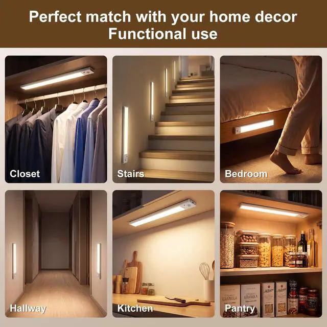 Alt view image 7 of 7 - 12 Inch Under Cabinet Lighting, 2 Pack USB-C Rechargeable Motion Sensor LEDMagnetic Wireless Mount,3 Color Temperature Battery Powered for Kitchen, Wardrobe, Hallway, Stairs