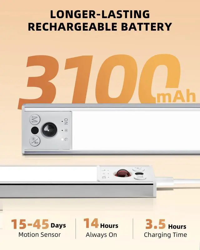 Alt view image 4 of 7 - 12inch Under Cabinet Lighting, 2 Pack 3100mAh Rechargeable Wireless Motion Sensor Lights Indoor, Dimmable Magnetic Closet Lights, Under Counter Lights for Kitchen, Pantry, Stairs