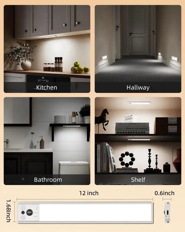 Alt view image 7 of 7 - 12inch Under Cabinet Lighting, 2 Pack 3100mAh Rechargeable Wireless Motion Sensor Lights Indoor, Dimmable Magnetic Closet Lights, Under Counter Lights for Kitchen, Pantry, Stairs