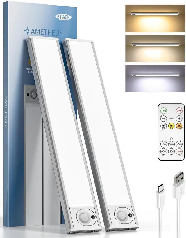 Main image of 2Pack 12inch Under Cabinet Lighting, Rechargeable Motion Sensor Light Wireless Indoor, Dimmable 3 Color Temps Closet Lights with IR Remote, Under Counter LED Lights for Kitchen, Stairs