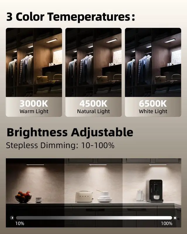 Alt view image 5 of 7 - 2Pack 12inch Under Cabinet Lighting, Rechargeable Motion Sensor Light Wireless Indoor, Dimmable 3 Color Temps Closet Lights with IR Remote, Under Counter LED Lights for Kitchen, Stairs