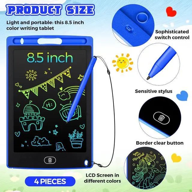 Alt view image 2 of 7 - 4 Pcs LCD Writing Tablet for Kids, 8.5 Inch Colorful Toddler Doodle Board Tablet, Reusable Electronic LCD Writing Board for Boys Girls Age 3-8 Birthday Gifts(Blue)