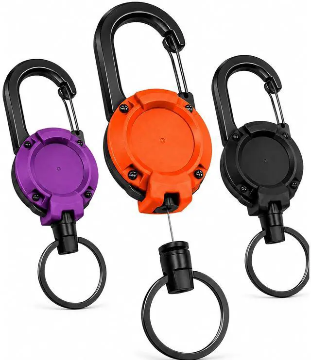 Main image of 3 Pack Retractable Keychain - Heavy Duty ID Badge Holder Reel, Carabiner Key Holder with 25.6 Inch Steel Retractable Cord, Key Ring Clip for Keys, ID Cards, Badge Holder, Black Purple Orange