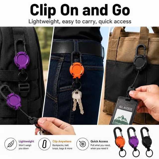 Alt view image 3 of 7 - 3 Pack Retractable Keychain - Heavy Duty ID Badge Holder Reel, Carabiner Key Holder with 25.6 Inch Steel Retractable Cord, Key Ring Clip for Keys, ID Cards, Badge Holder, Black Purple Orange