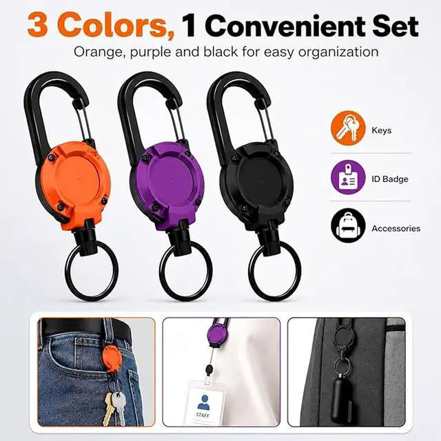 Alt view image 2 of 7 - 3 Pack Retractable Keychain - Heavy Duty ID Badge Holder Reel, Carabiner Key Holder with 25.6 Inch Steel Retractable Cord, Key Ring Clip for Keys, ID Cards, Badge Holder, Black Purple Orange