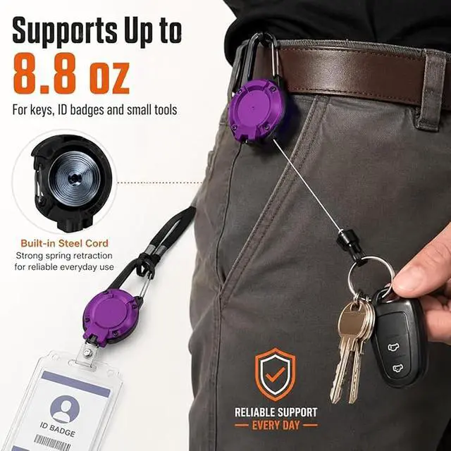 Alt view image 5 of 7 - 3 Pack Retractable Keychain - Heavy Duty ID Badge Holder Reel, Carabiner Key Holder with 25.6 Inch Steel Retractable Cord, Key Ring Clip for Keys, ID Cards, Badge Holder, Black Purple Orange