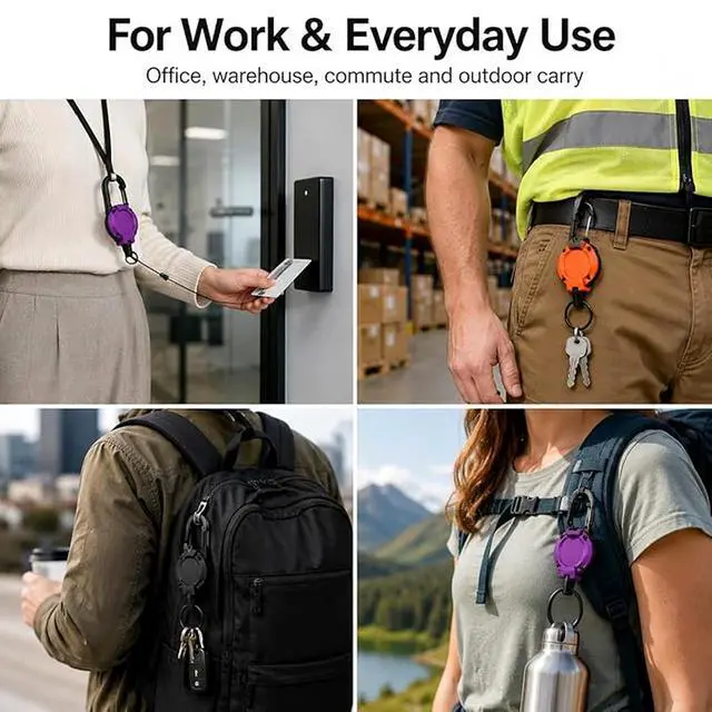 Alt view image 6 of 7 - 3 Pack Retractable Keychain - Heavy Duty ID Badge Holder Reel, Carabiner Key Holder with 25.6 Inch Steel Retractable Cord, Key Ring Clip for Keys, ID Cards, Badge Holder, Black Purple Orange