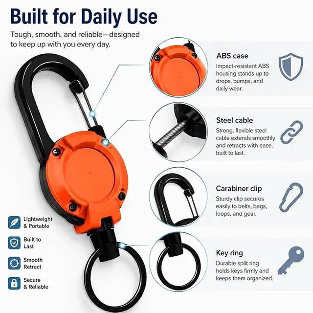 Alt view image 7 of 7 - 3 Pack Retractable Keychain - Heavy Duty ID Badge Holder Reel, Carabiner Key Holder with 25.6 Inch Steel Retractable Cord, Key Ring Clip for Keys, ID Cards, Badge Holder, Black Purple Orange
