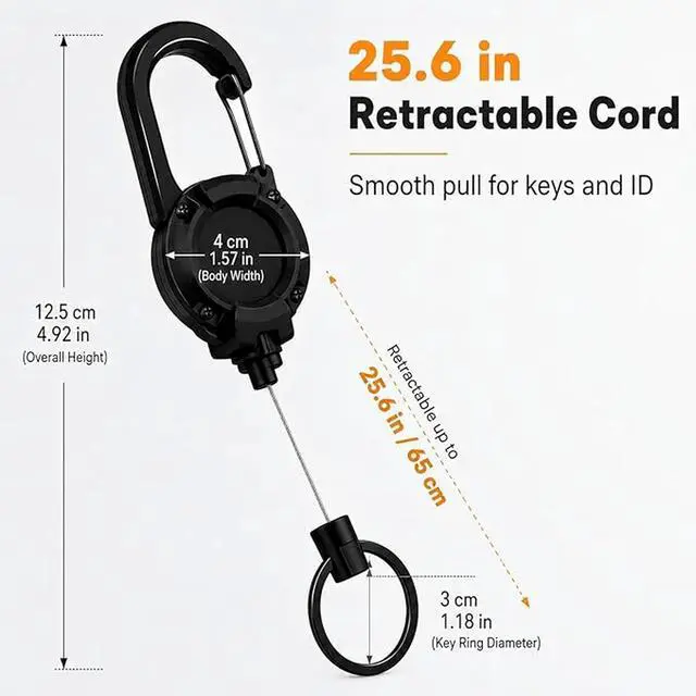 Alt view image 4 of 7 - 3 Pack Retractable Keychain - Heavy Duty ID Badge Holder Reel, Carabiner Key Holder with 25.6 Inch Steel Retractable Cord, Key Ring Clip for Keys, ID Cards, Badge Holder, Black Purple Orange