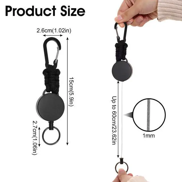 Alt view image 2 of 7 - 3 Pack Retractable Keychain Heavy Duty Carabiner Badge Reel 60cm Steel Cord Extendable ID Holder Key Ring with Lanyard