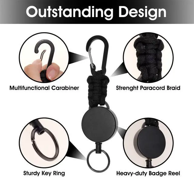 Alt view image 3 of 7 - 3 Pack Retractable Keychain Heavy Duty Carabiner Badge Reel 60cm Steel Cord Extendable ID Holder Key Ring with Lanyard
