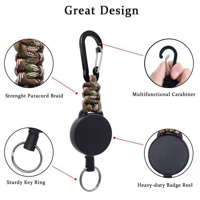 Alt view image 4 of 7 - 4 Pack Retractable Keychain Heavy Duty Carabiner Badge Holder, ID Badge Reel with Steel Cord Extendable Key Ring, ID Badge Clip Reel for Work or Traveling