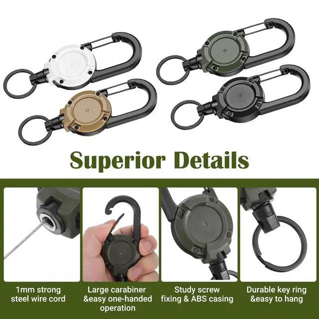 Alt view image 5 of 7 - 4pcs Heavy Duty Retractable Keychain, Carabiner Badge Holder Retractable Badge Reel ID Holder Extendable Cord Key Ring Clip Anti-Lost Key Holders Multi Tool Carabiner Keychains, 8 oz