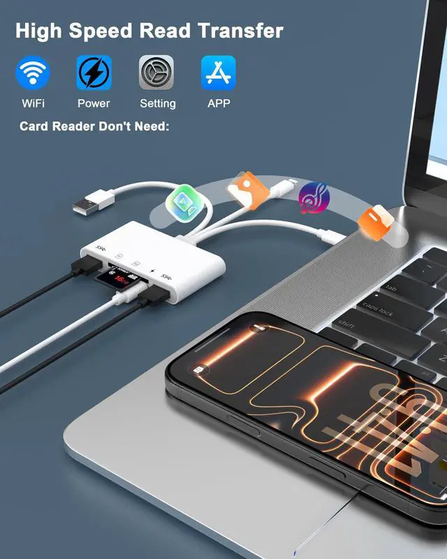 Alt view image 4 of 7 - 5-in-1 Memory Card Reader with OTG Adapter for iPhone 17 16 15 14 13 12