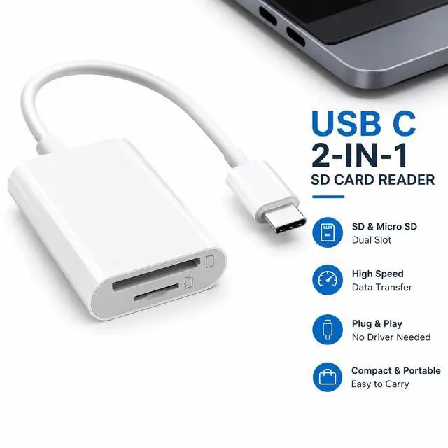 Alt view image 6 of 6 - 2-in-1 USB-C SD & MicroSD Card Reader for iPhone 17/16/15, iPad, MacBook Pro/Air, Android & PC Plug & Play Adapter Supports SD/TF Cards up to 512 GB | Fast 16 MB/s Transfer Speed | White