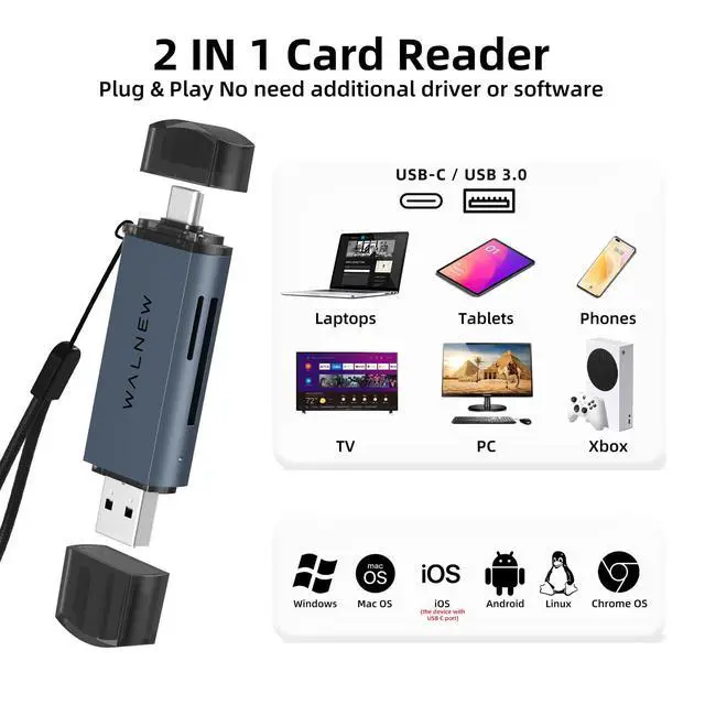 Alt view image 2 of 7 - SD Card Reader, USB 3.0 and USBC to SD/microSD Adapter for MacBook Pro/Air M1 M2,Mac,iPad 10th/Mini 6,XPS 15,Samsung Galaxy S23 S22,Tab S9 S7 S6 A8,Surface Laptop,Chromebook,Windows PC