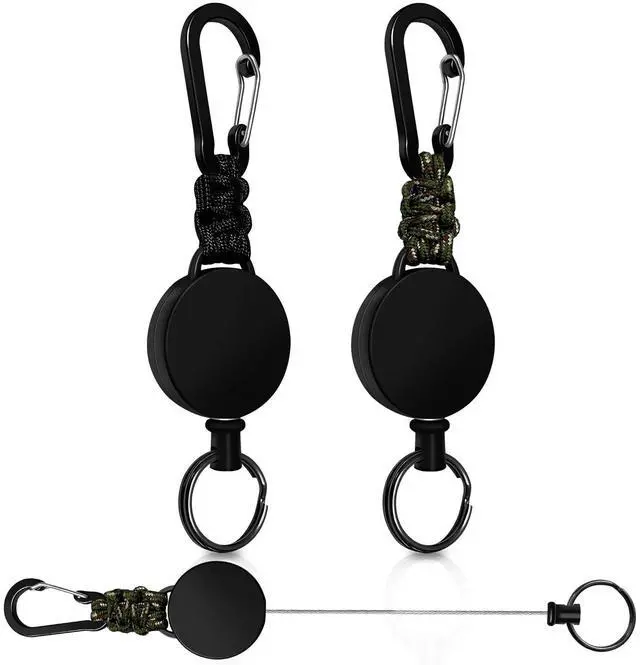 Main image of Retractable Keychain 2 Pack Heavy Duty Carabiner Badge Holder, Key Chain Retractable Badge Reel with 60 cm Steel Extendable Cord, ID Badge Holders for Keys Ring (Black + Green)