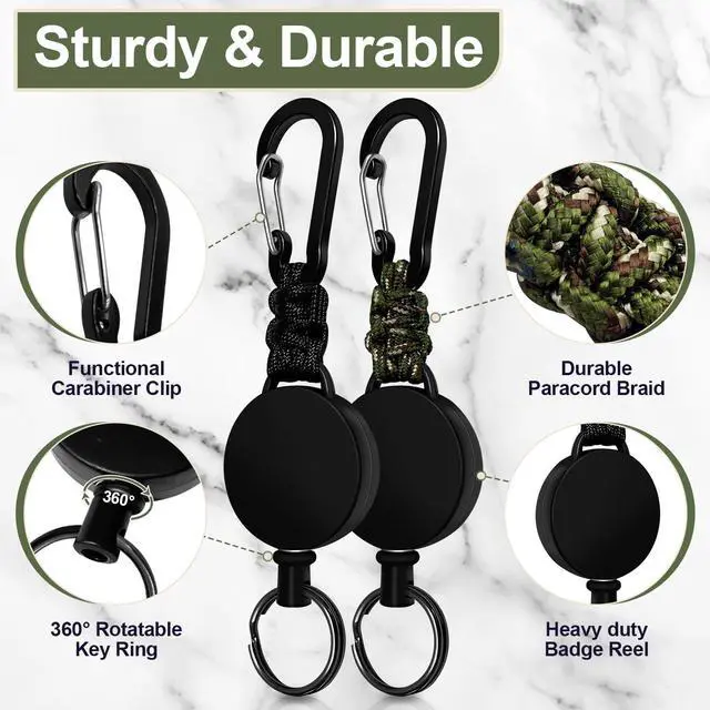 Alt view image 3 of 7 - Retractable Keychain 2 Pack Heavy Duty Carabiner Badge Holder, Key Chain Retractable Badge Reel with 60 cm Steel Extendable Cord, ID Badge Holders for Keys Ring (Black + Green)