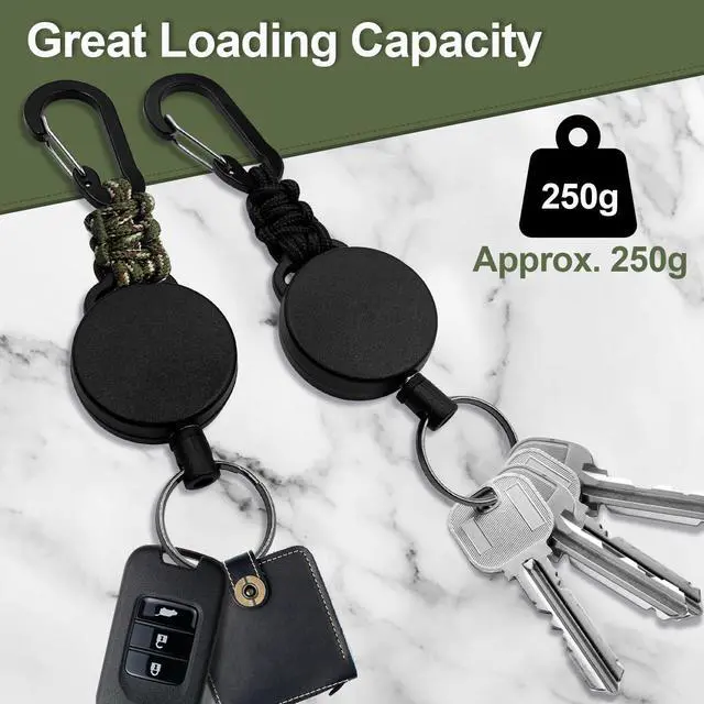 Alt view image 4 of 7 - Retractable Keychain 2 Pack Heavy Duty Carabiner Badge Holder, Key Chain Retractable Badge Reel with 60 cm Steel Extendable Cord, ID Badge Holders for Keys Ring (Black + Green)