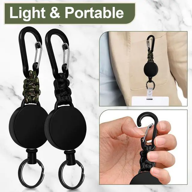 Alt view image 5 of 7 - Retractable Keychain 2 Pack Heavy Duty Carabiner Badge Holder, Key Chain Retractable Badge Reel with 60 cm Steel Extendable Cord, ID Badge Holders for Keys Ring (Black + Green)